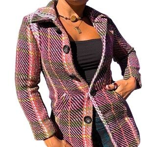 {Cherokee} Vintage Pink & Plaid Striped Mid-Length Wool Coat, Authentic Original
